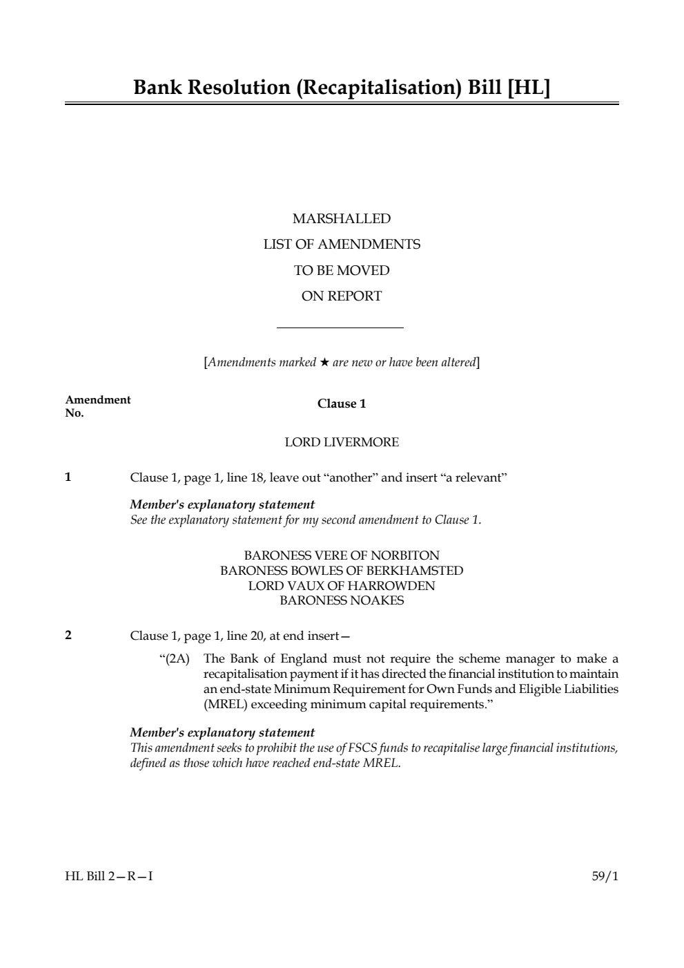 Bank Resolution (Recapitalisation) Bill Marshalled List of amendments to be moved on report