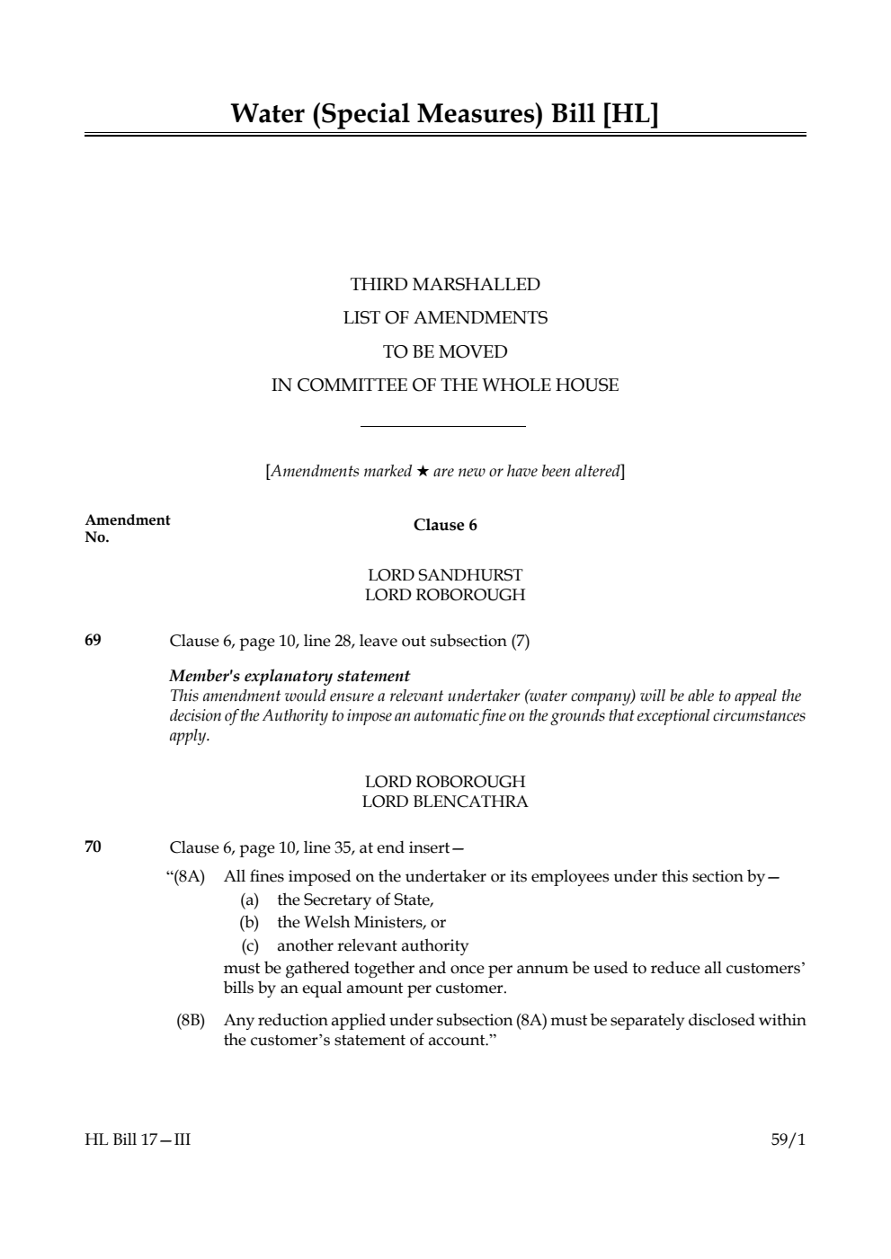 Water (Special Measures) Bill Third Marshalled List of amendments to be moved in Committee of the Whole House