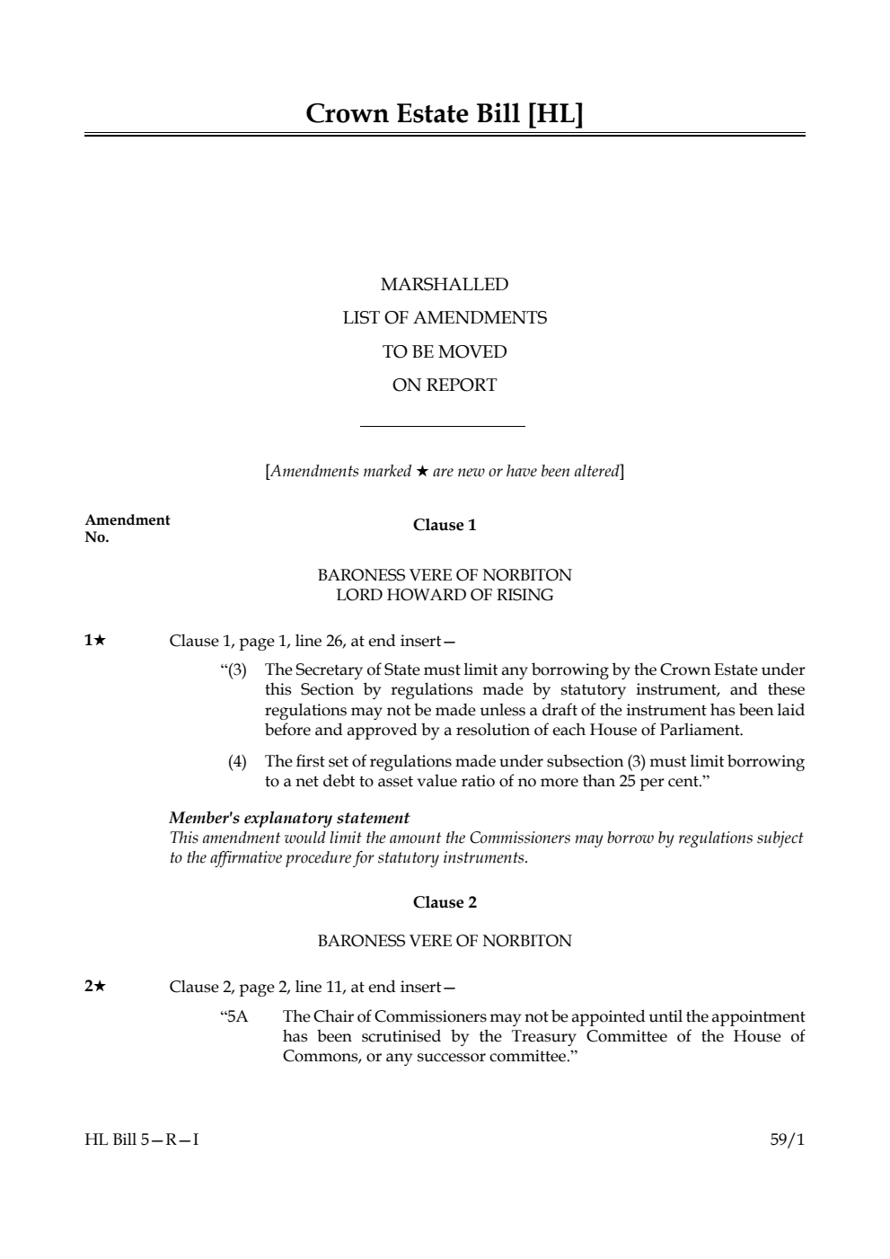 Crown Estate Bill Marshalled List of amendments to be moved on report