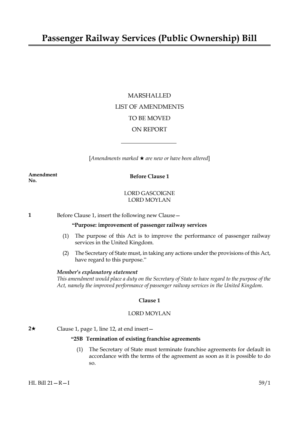 Passenger Railway Services (Public Ownership) Bill Marshalled List of amendments to be moved on report