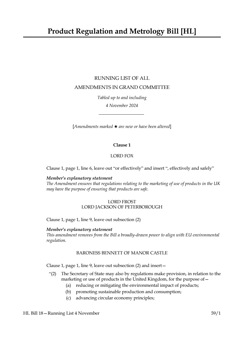 Product Regulation and Metrology Bill Running List of all Amendments in Grand Committee Tabled up to and including 4 November 2024