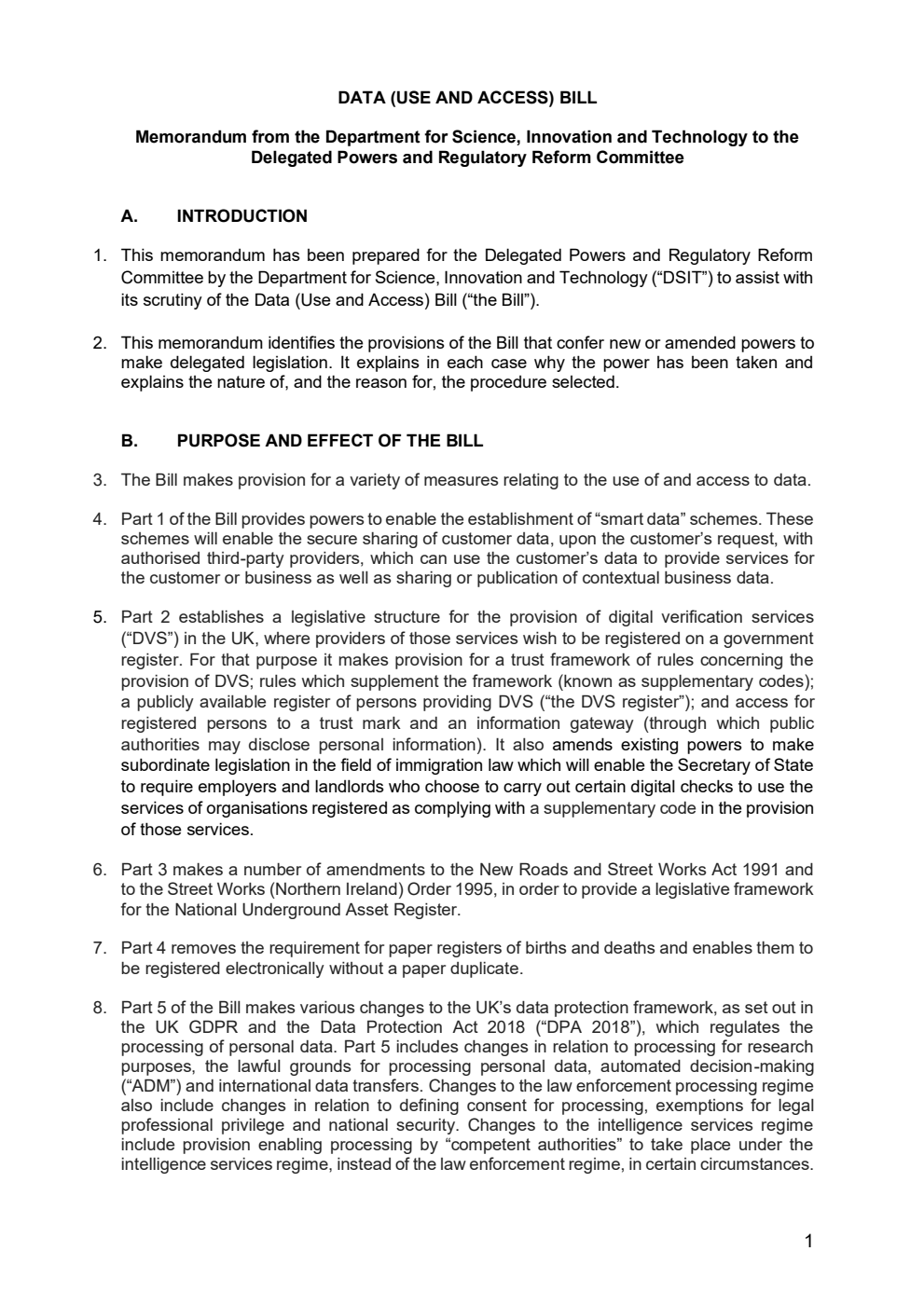 Data (Use and Access) Bill Memorandum from the Department for Science, Innovation and Technology to the Delegated Powers and Regulatory Reform Committee