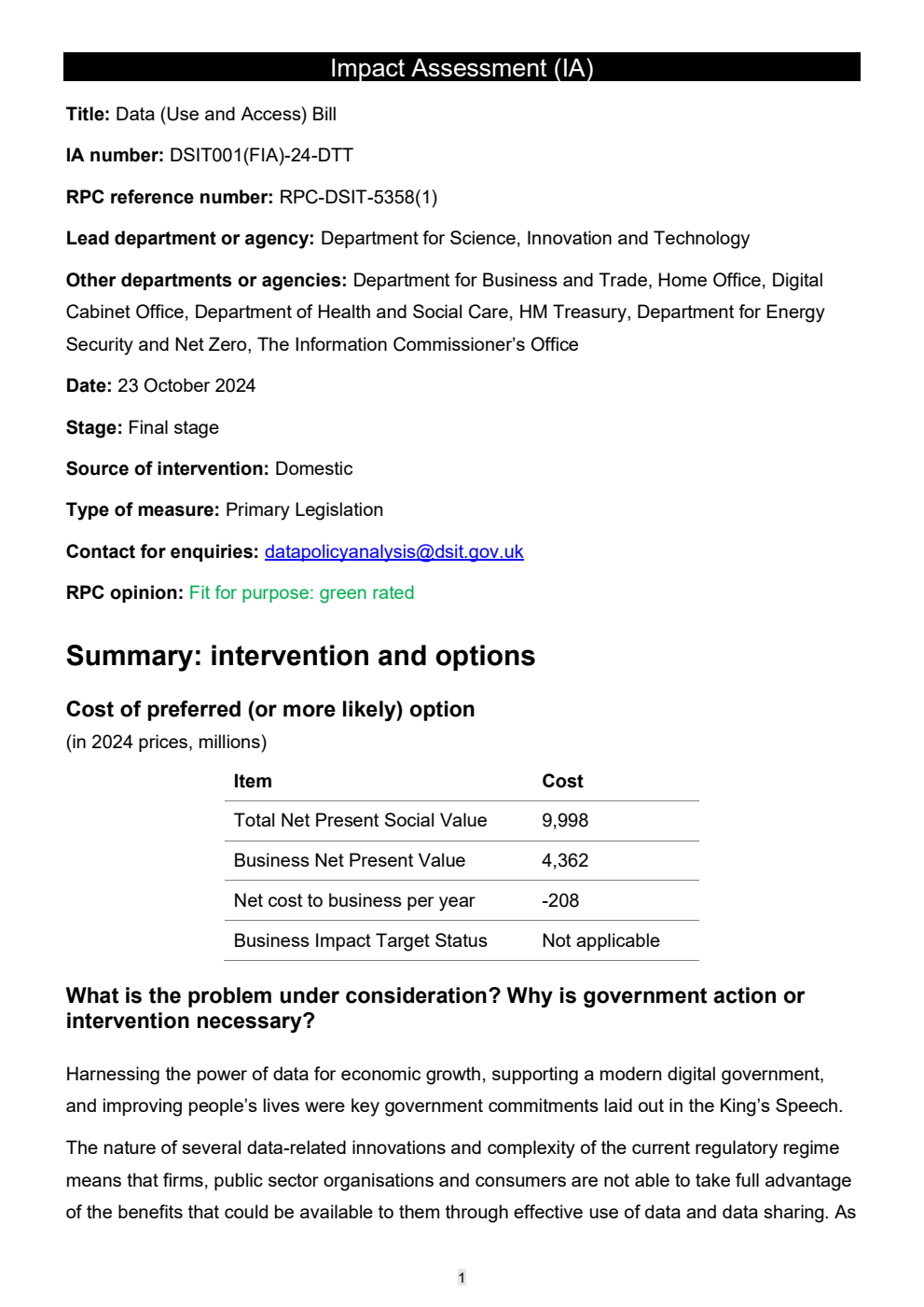 Data (Use and Access) Bill Impact Assessment from the Department for Science, Innovation and Technology