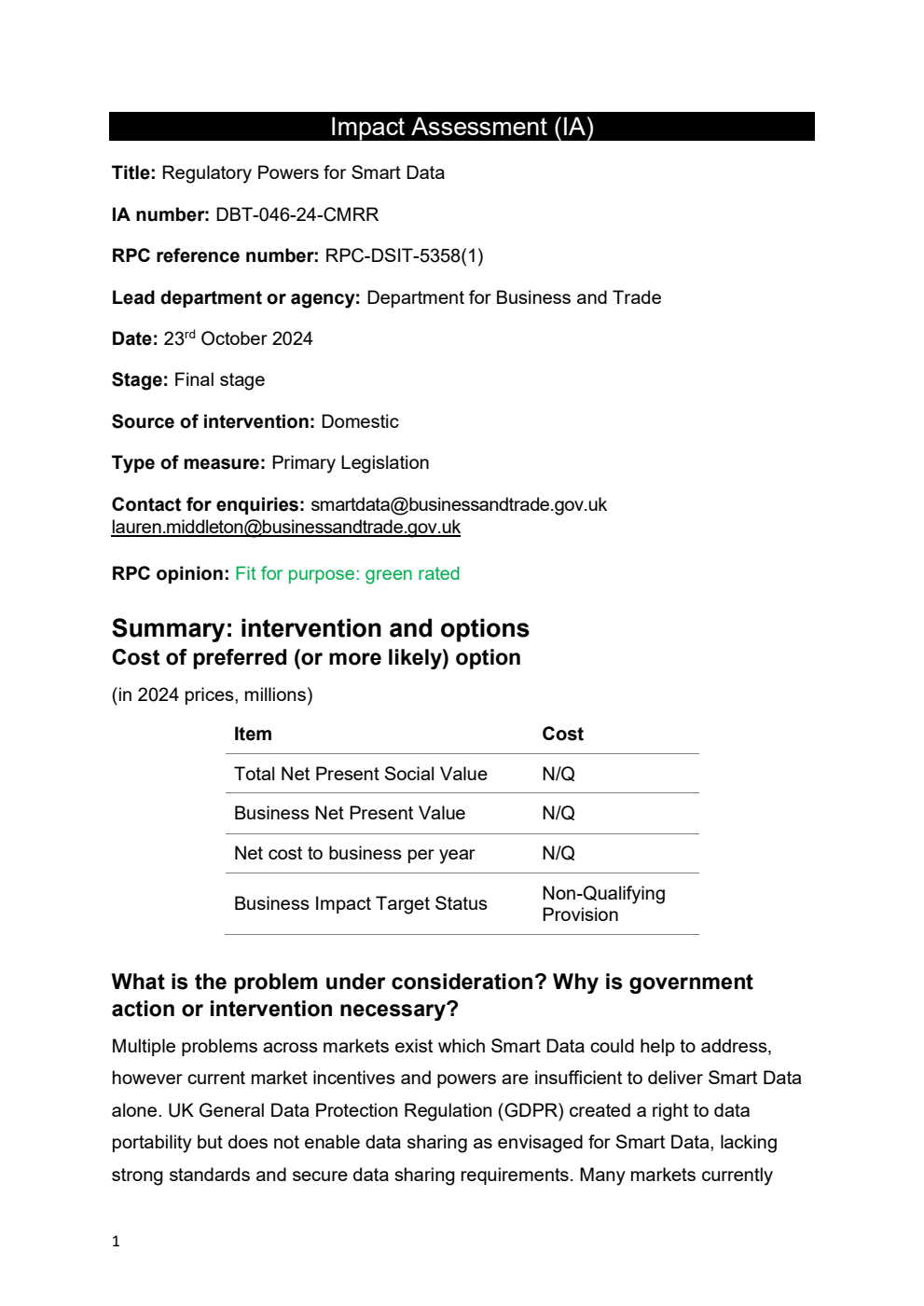 Data (Use and Access) Bill Impact Assessment on Regulatory Powers for Smart Data from the Department for Business and Trade