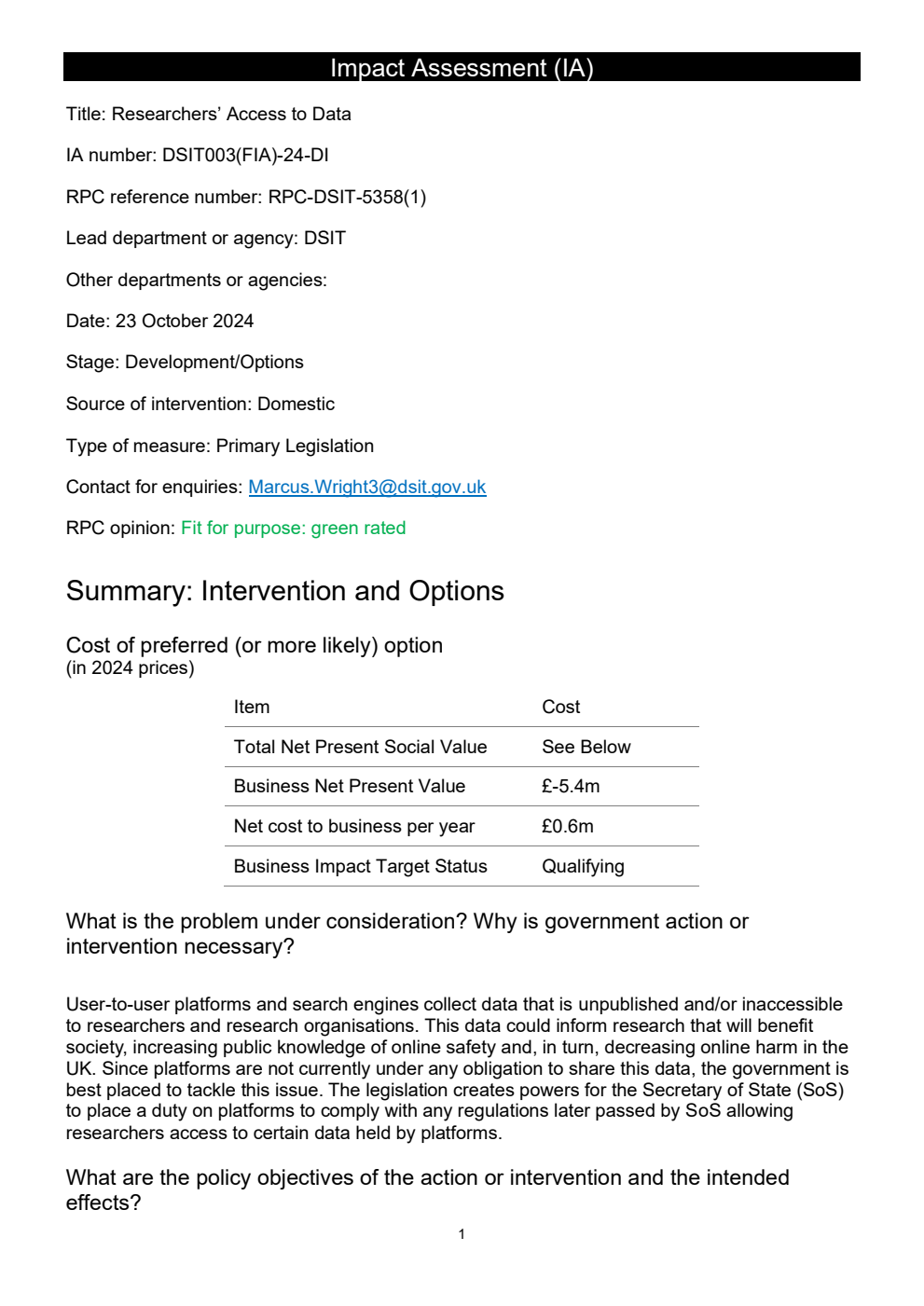 Data (Use and Access) Bill Impact Assessment on Researchers' Access to Data from the Department for Science, Innovation and Technology