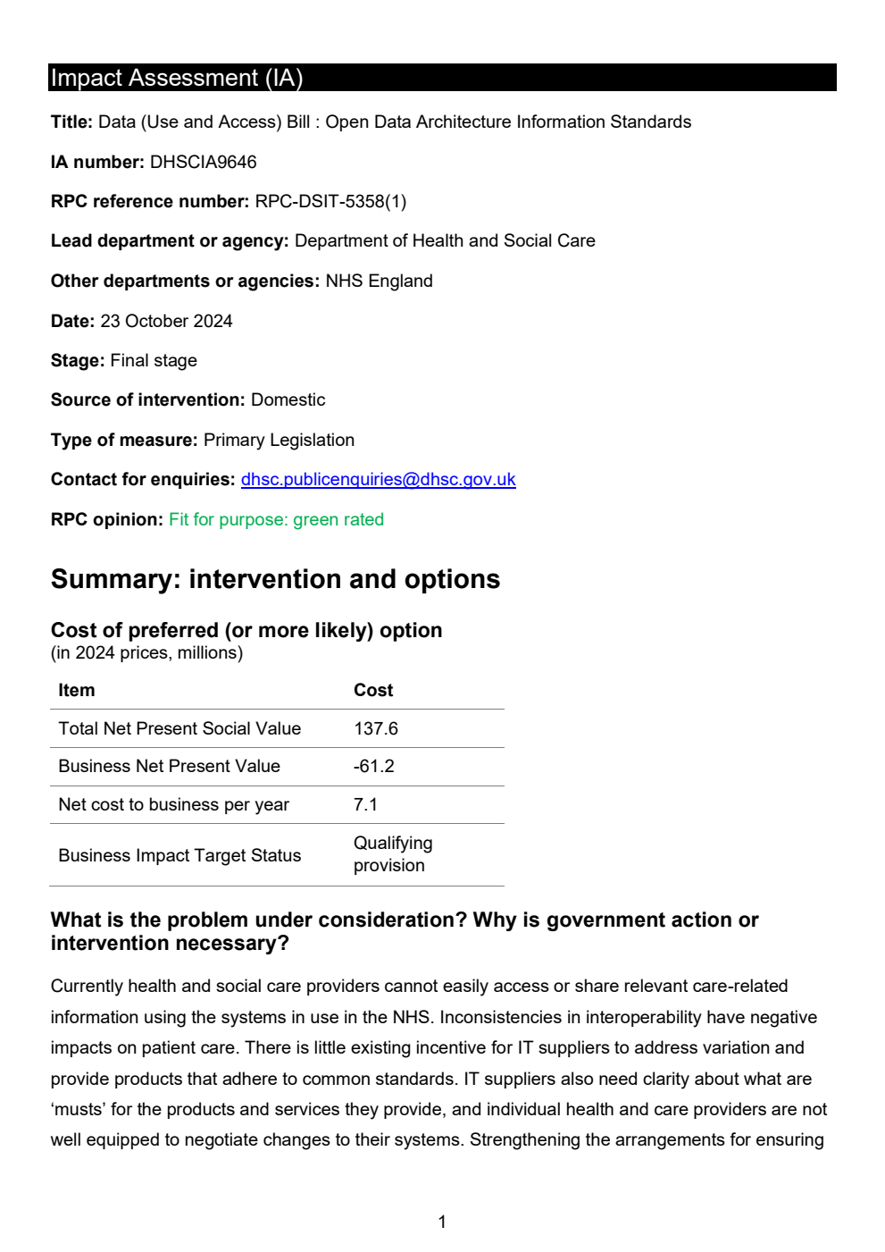 Data (Use and Access) Bill Impact Assessment on Open Data Architecture Information Standards from the Department of Health and Social Care