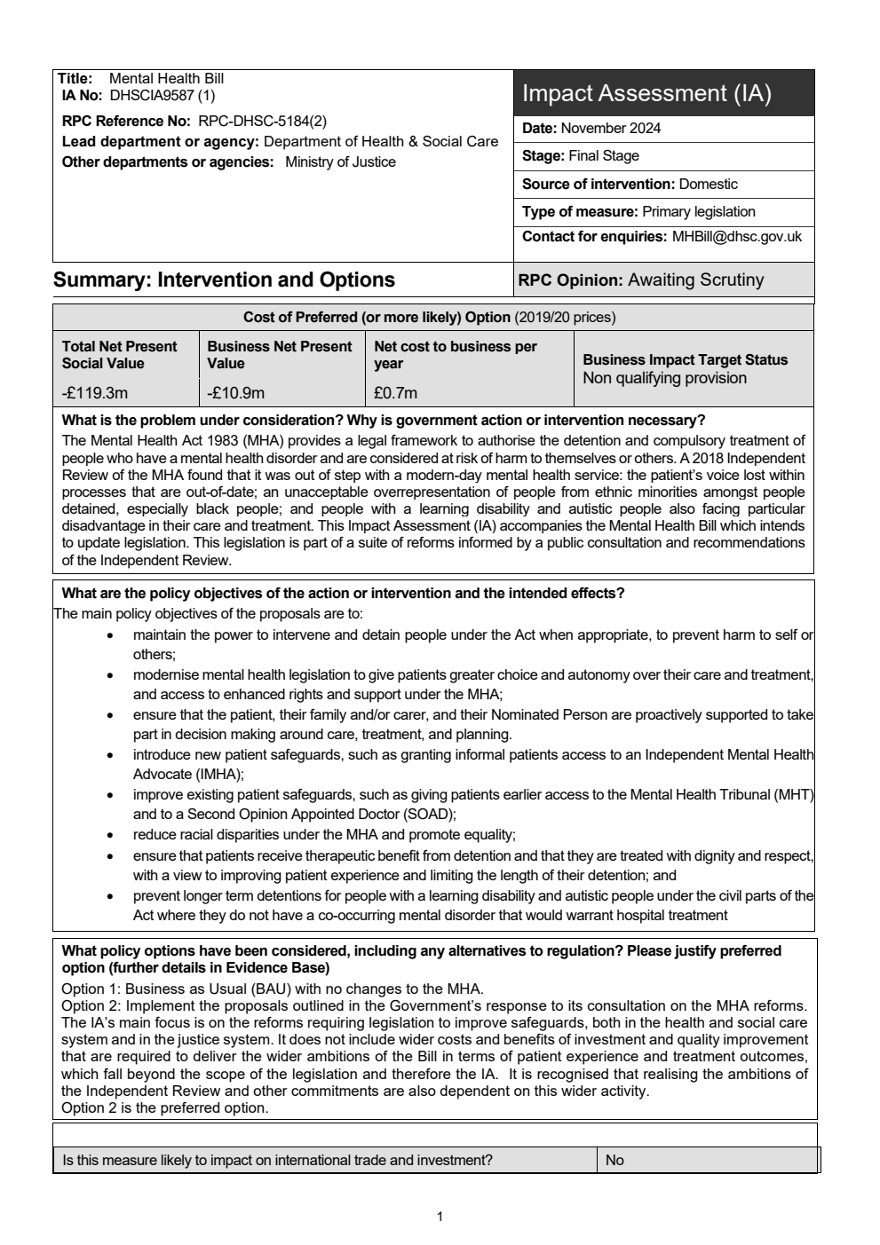 Mental Health Bill Impact Assessment