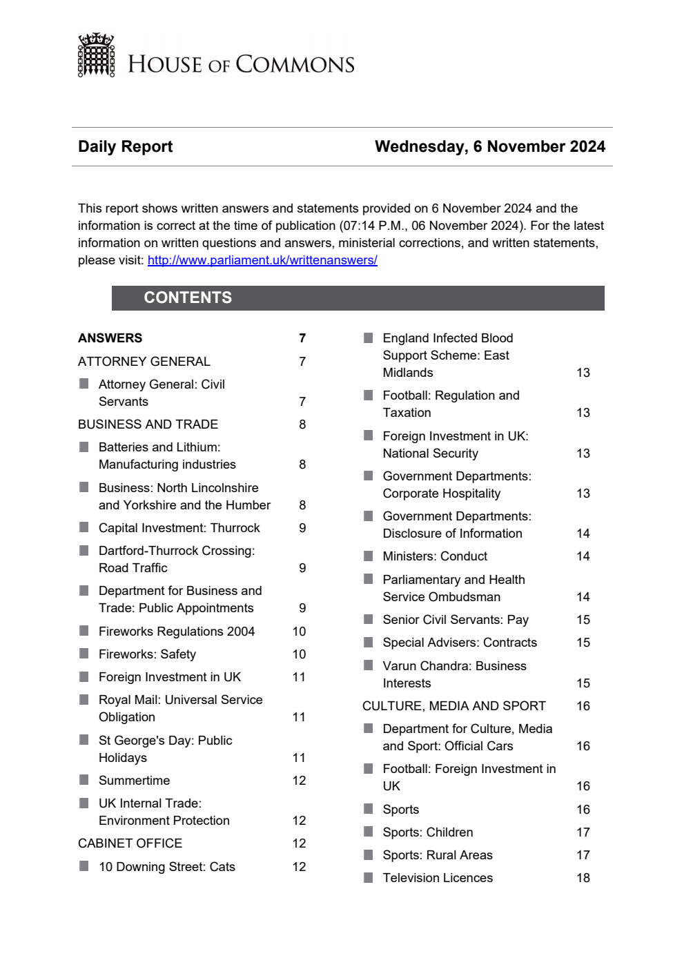 HOC Daily Report Written Statements and Answers 06.11.24