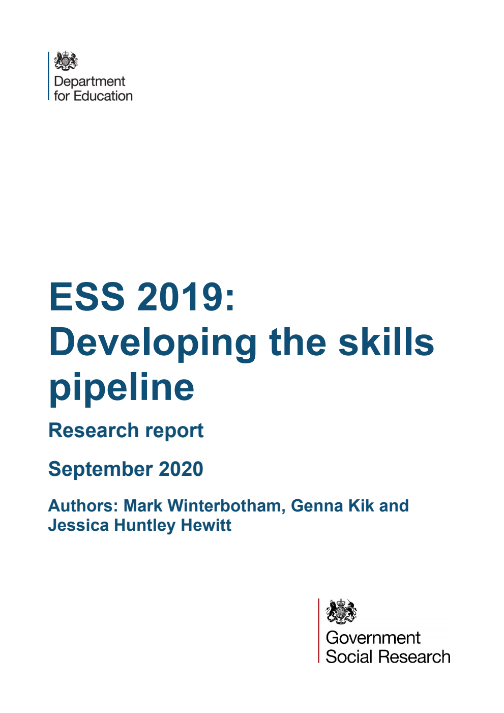 DFERPPU 2018061/2 ESS 2019: Developing the skills pipeline. Research report. September 2020