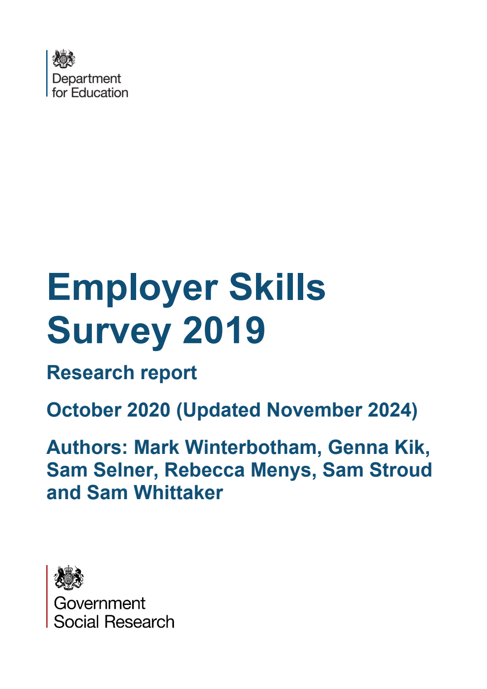 DFERPPU 2018061/2 Employer Skills Survey 2019. Research report. October 2020 (Updated November 2024)