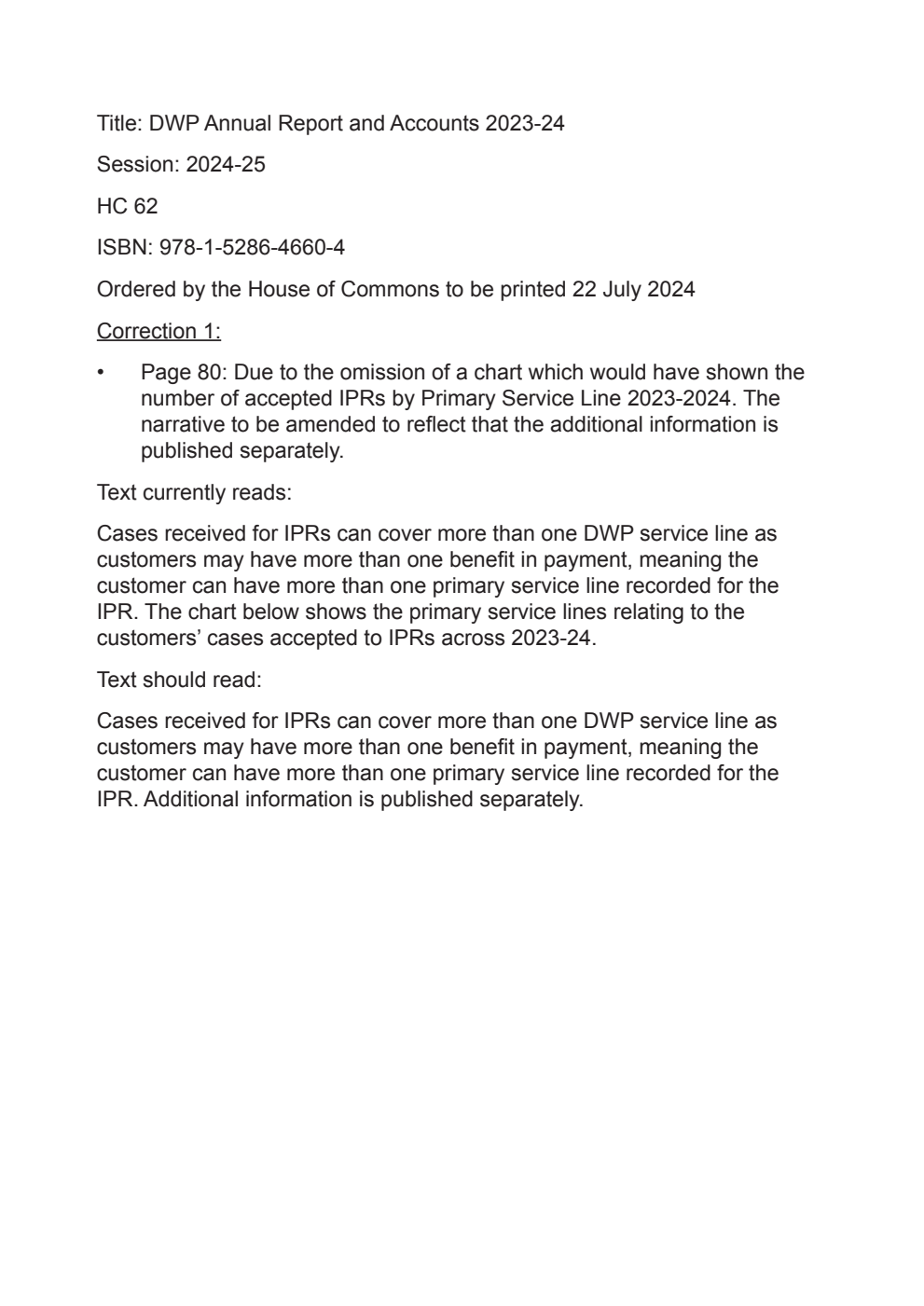 Department for Work and Pensions Annual Report and Accounts 2023-24 for the year ended 31 March 2024. Correction Slip, November 2024