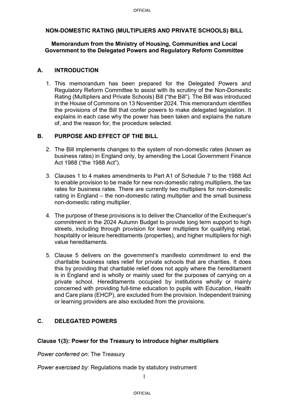 Non-Domestic Rating (Multipliers and Private Schools) Bill Memorandum from the Ministry of Housing, Communities and Local Government to the Delegated Powers and Regulatory Reform Committee