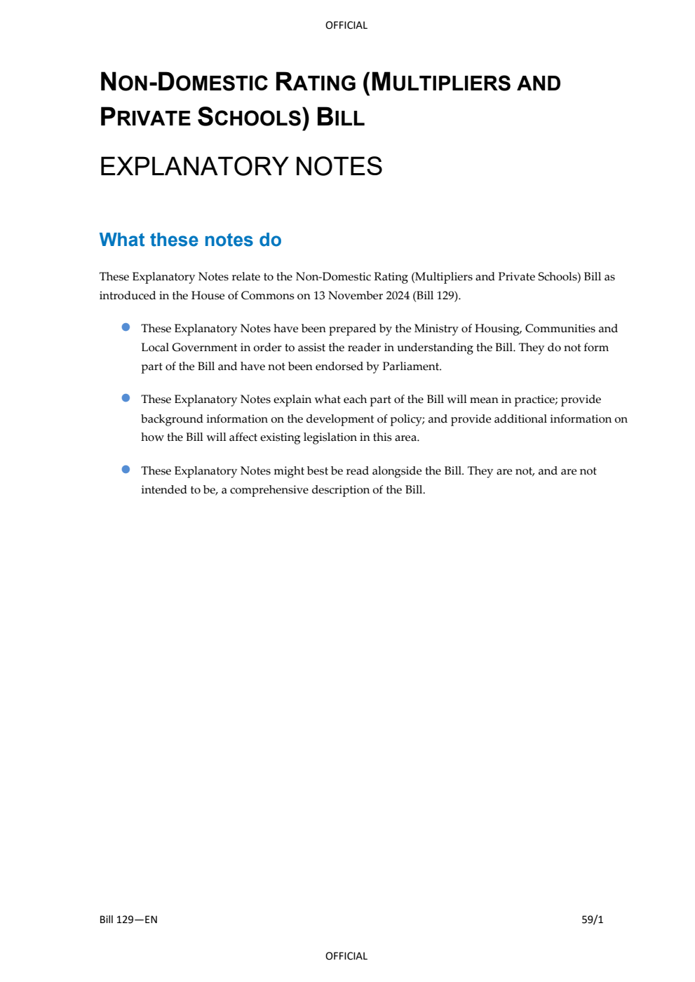 Non-Domestic Rating (Multipliers and Private Schools) Bill Explanatory Notes