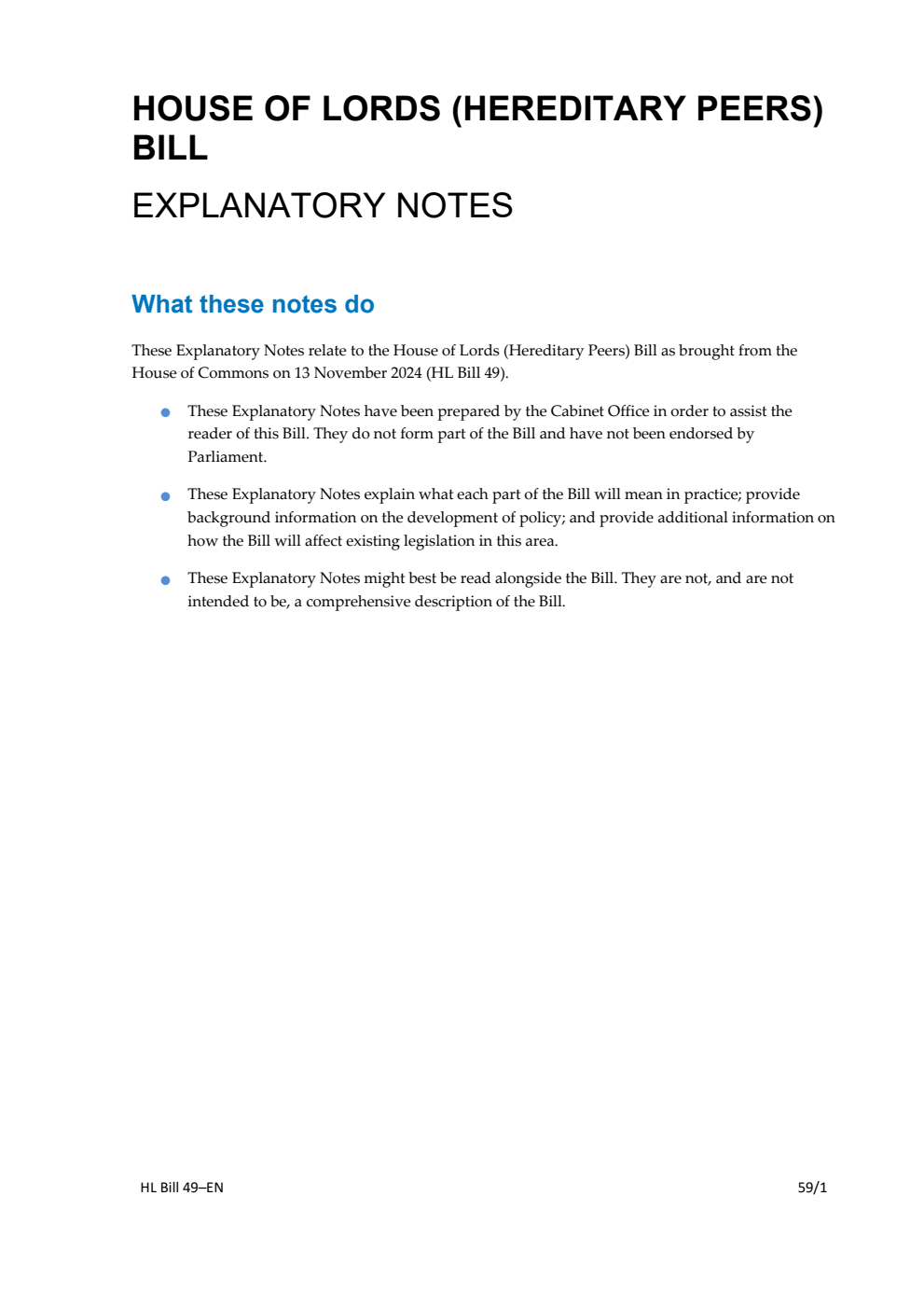 House of Lords (Hereditary Peers) Bill Explanatory Notes