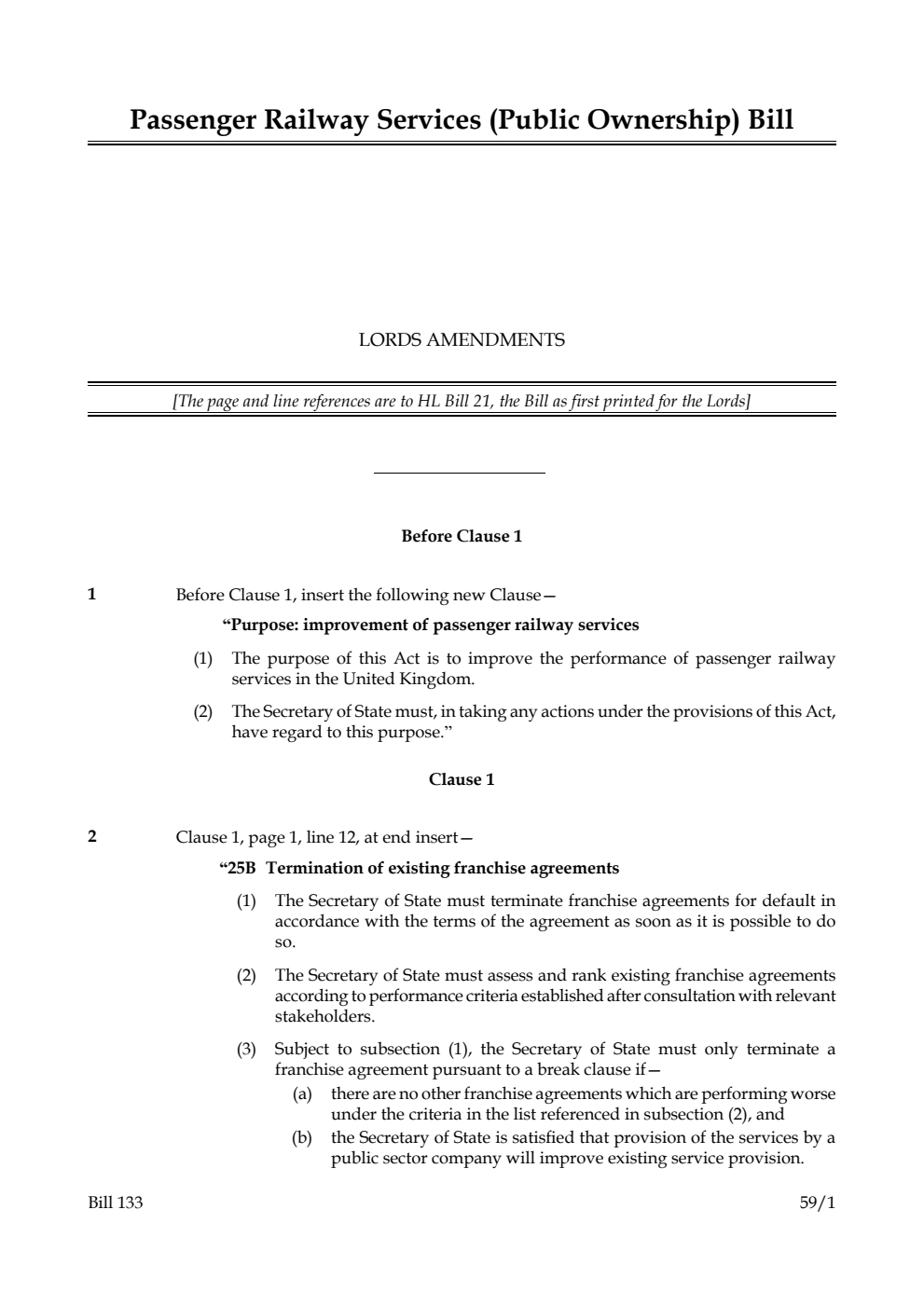 Passenger Railway Services (Public Ownership) Bill Lords Amendments