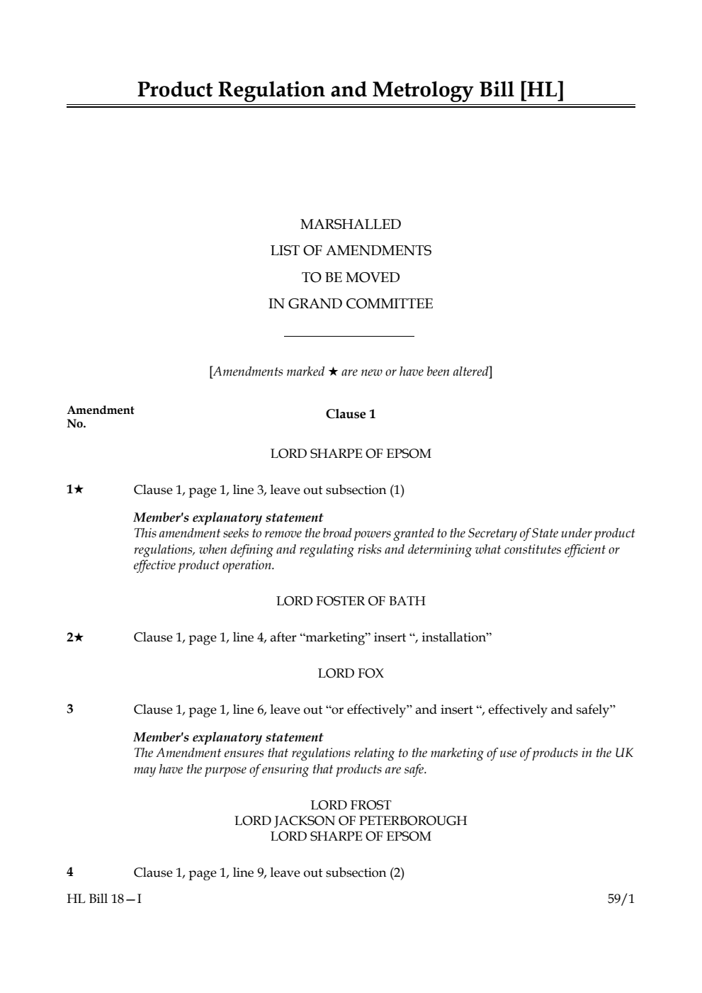 Product Regulation and Metrology Bill Marshalled List of amendments to be moved in Grand Committee