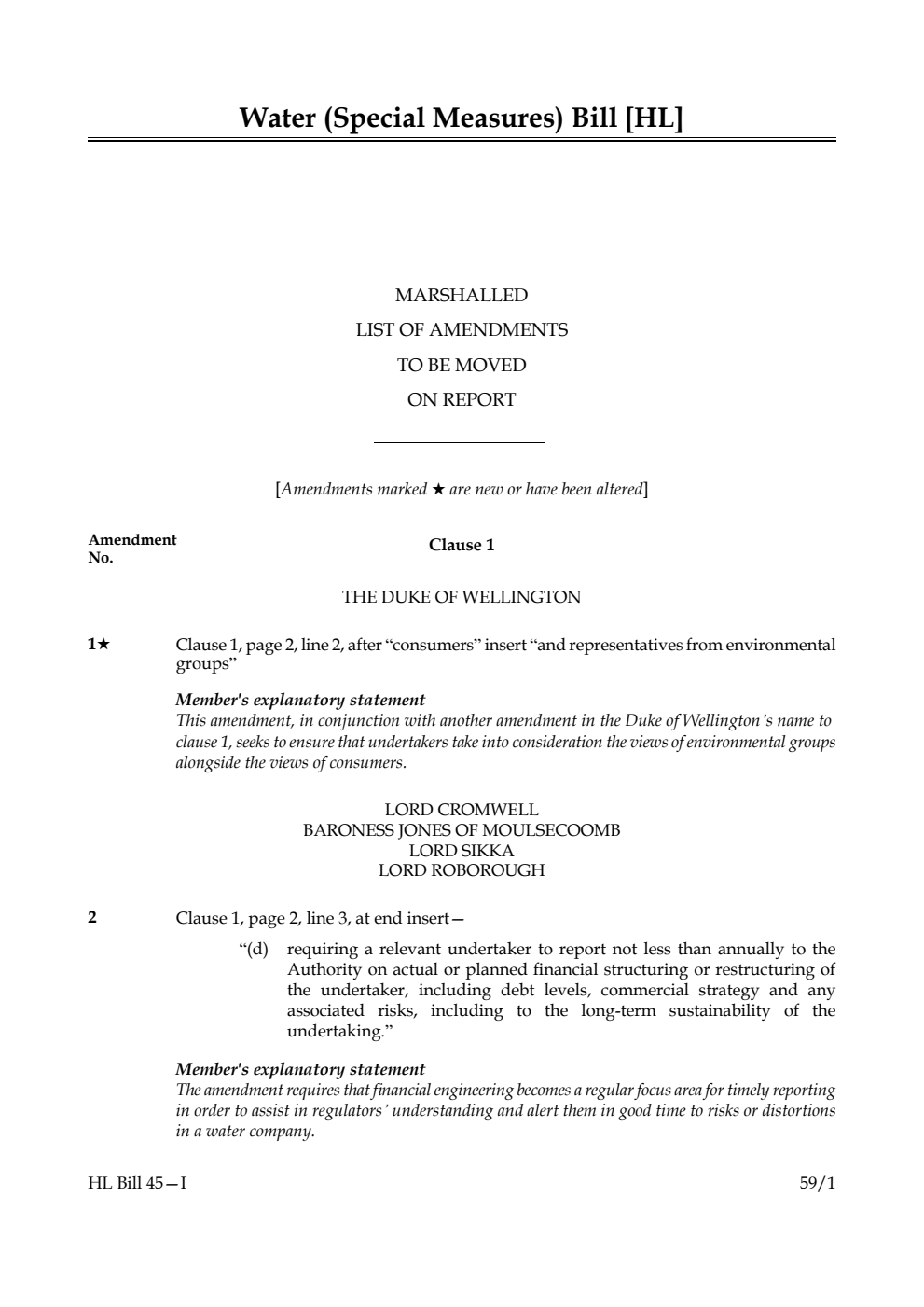Water (Special Measures) Bill Marshalled List of amendments to be moved on report