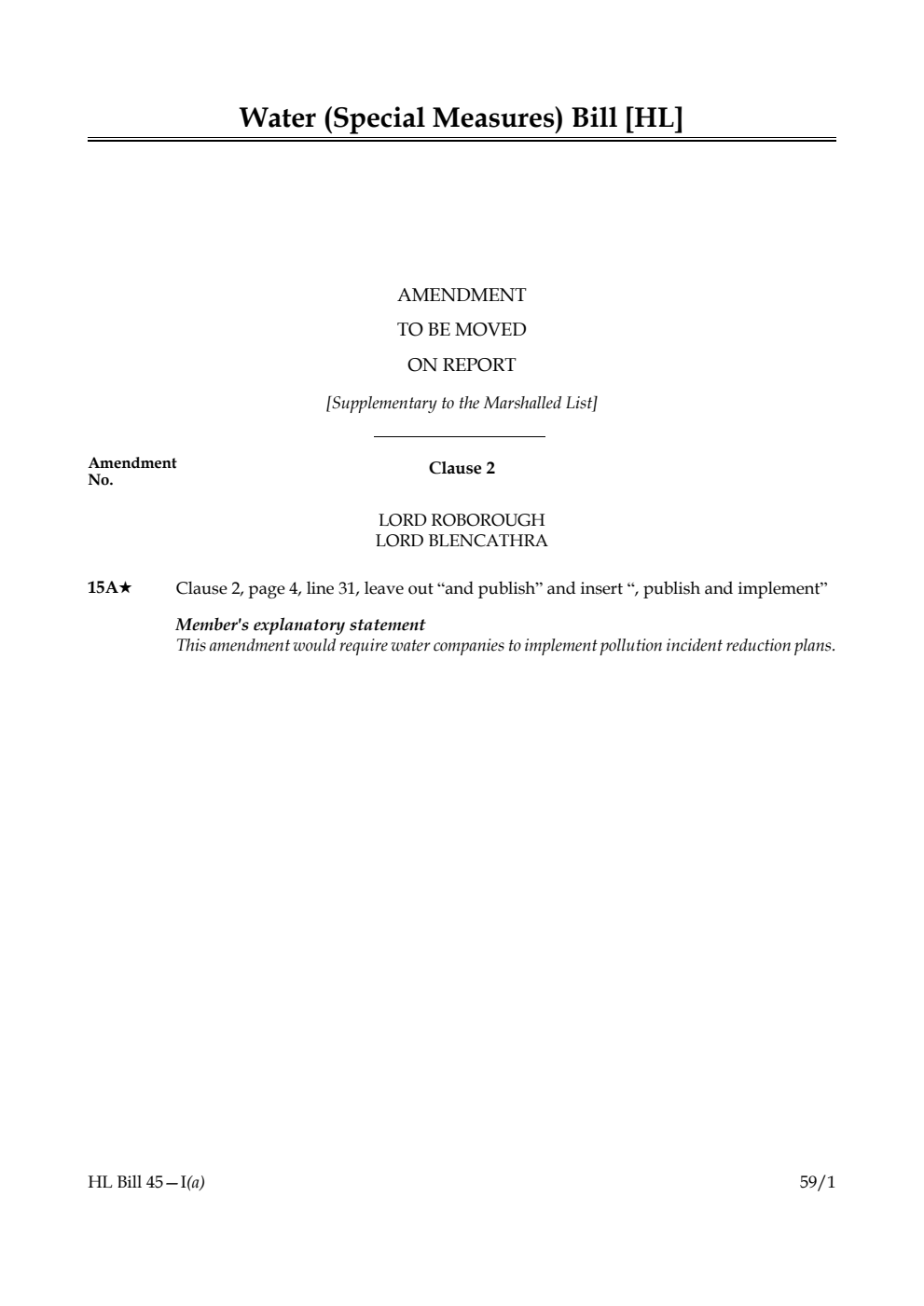 Water (Special Measures) Bill Amendment to be moved on Report [Supplementary to the Marshalled List] 