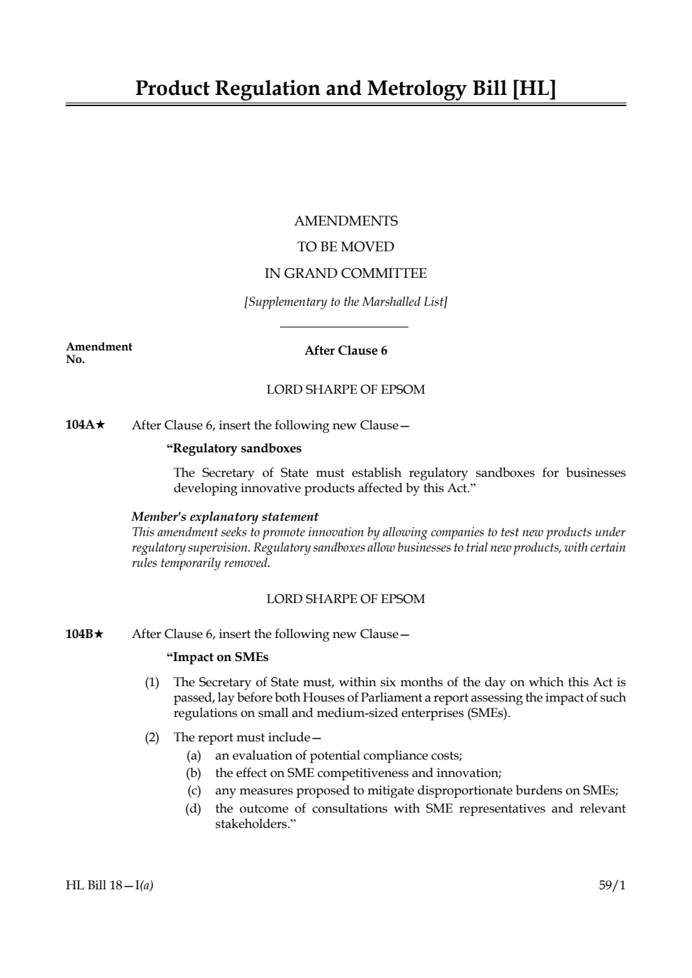 Product Regulation and Metrology Bill Amendments to be moved in Grand Committee [Supplementary to the Marshalled List]