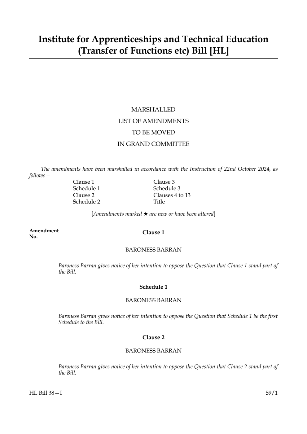 Institute for Apprenticeships and Technical Education (Transfer of Functions etc) Bill Marshalled List of amendments to be moved in Grand Committee
