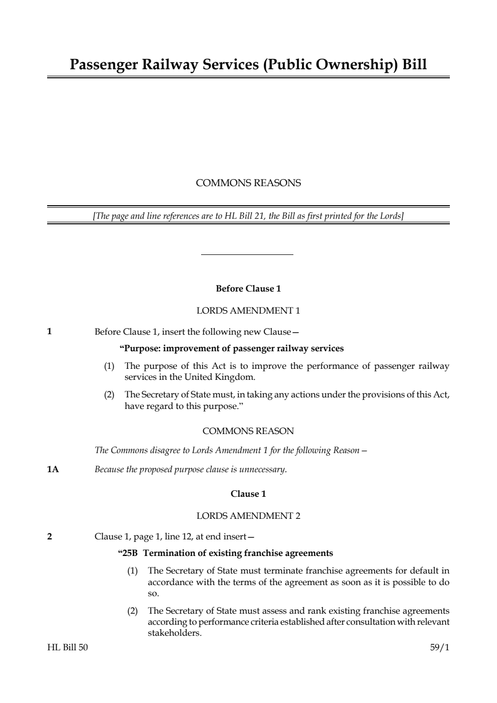 Passenger Railway Services (Public Ownership) Bill Commons reasons