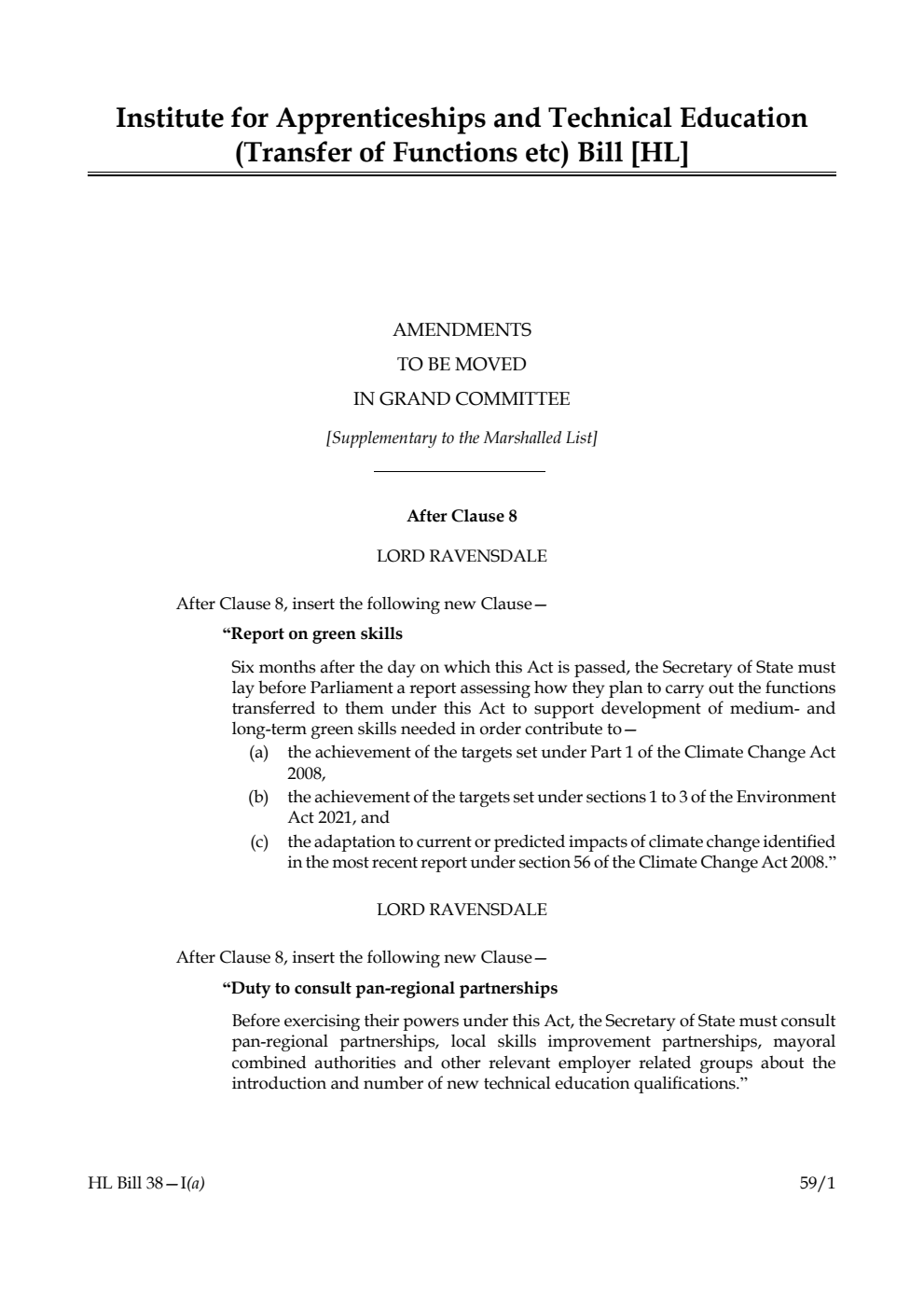 Institute for Apprenticeships and Technical Education (Transfer of Functions etc) Bill Amendments to be moved in Grand Committee [Supplementary to the Marshalled List]