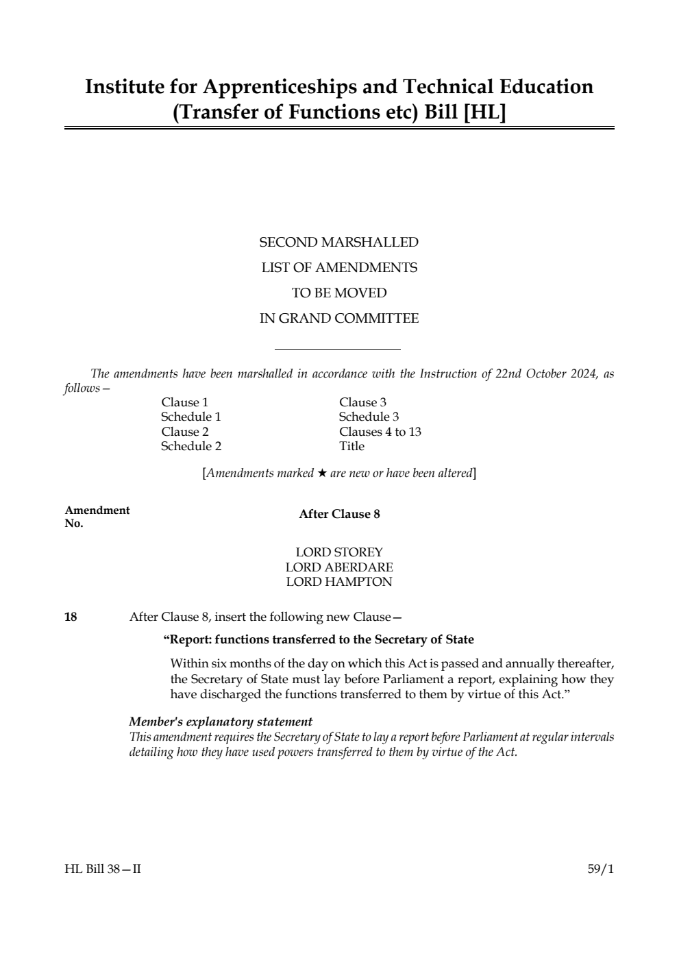 Institute for Apprenticeships and Technical Education (Transfer of Functions etc) Bill Second Marshalled List of Amendments to be moved in Grand Committee