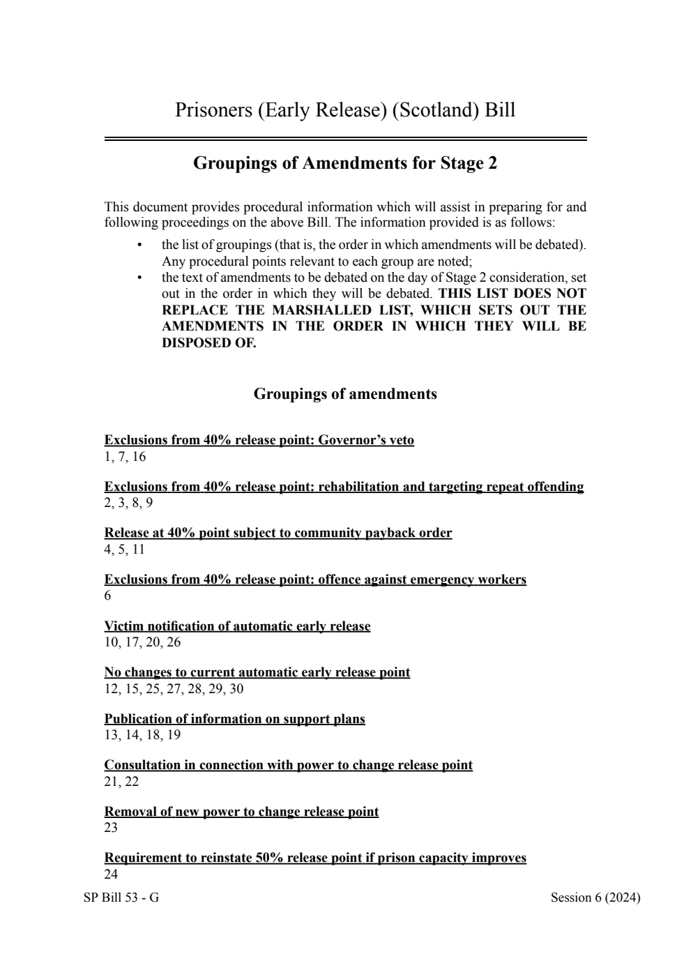 Prisoners (Early Release) (Scotland) Bill Groupings of Amendments for Stage 2
