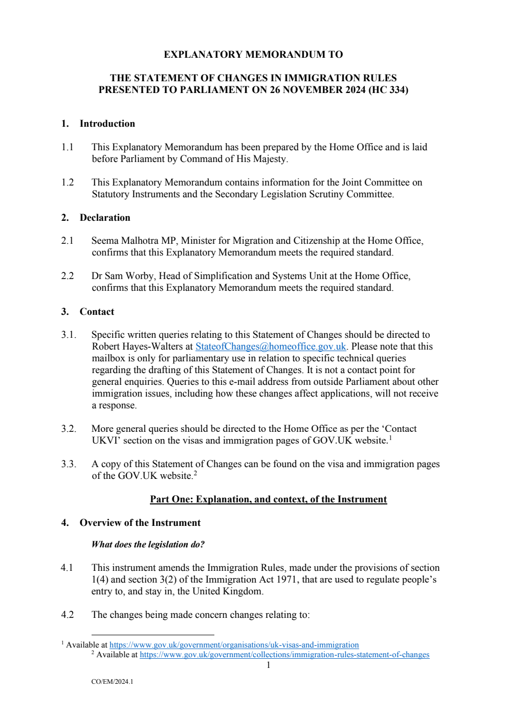 Explanatory Memorandum to the Statement of Changes in Immigration Rules