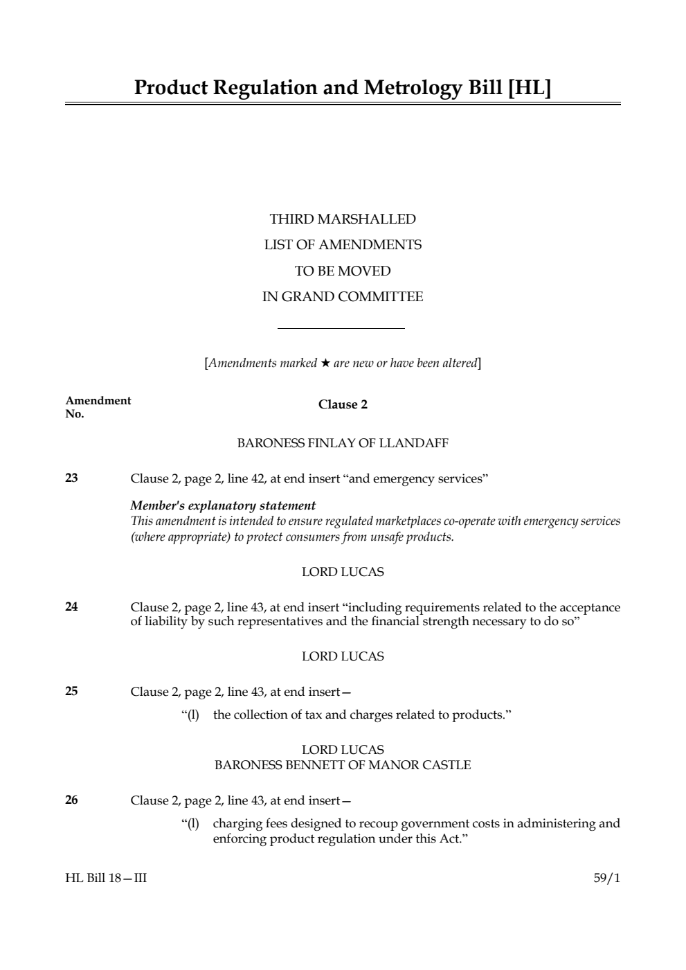 Product Regulation and Metrology Bill Third Marshalled List of amendments to be moved in Grand Committee