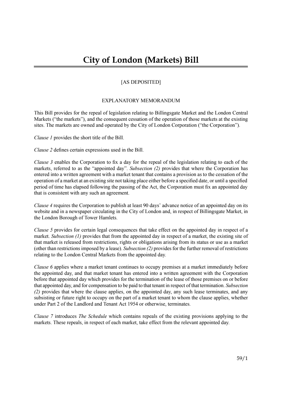 City of London (Markets) Bill