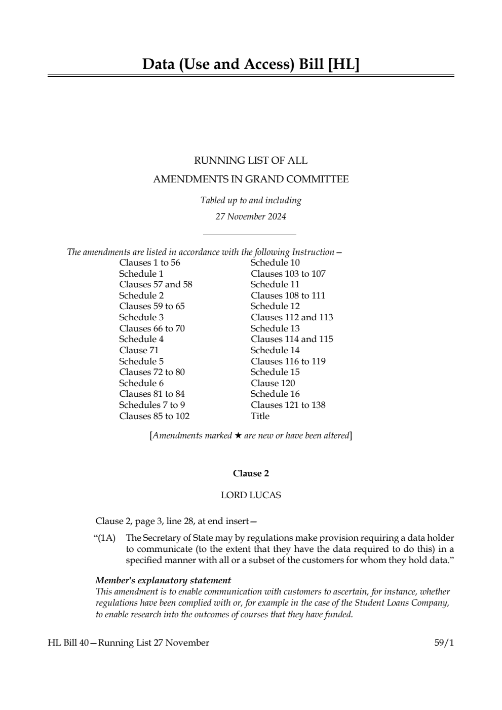 Data (Use and Access) Bill Running List of all amendments in Grand Committee Tabled up to and including 27 November 2024