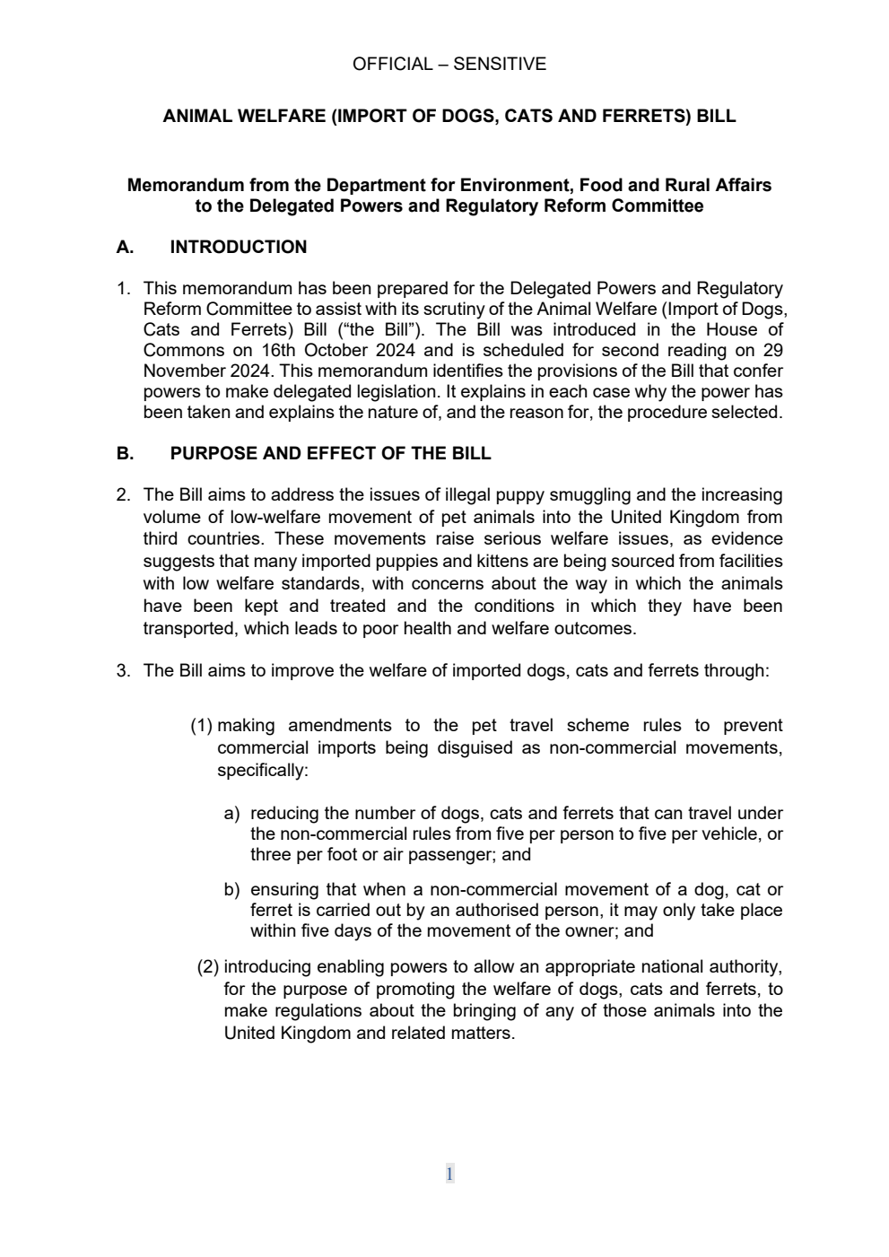 Animal Welfare (Import of Dogs, Cats and Ferrets) Bill Memorandum from the Department for Environment, Food and Rural Affairs to the Delegated Powers and Regulatory Reform Committee