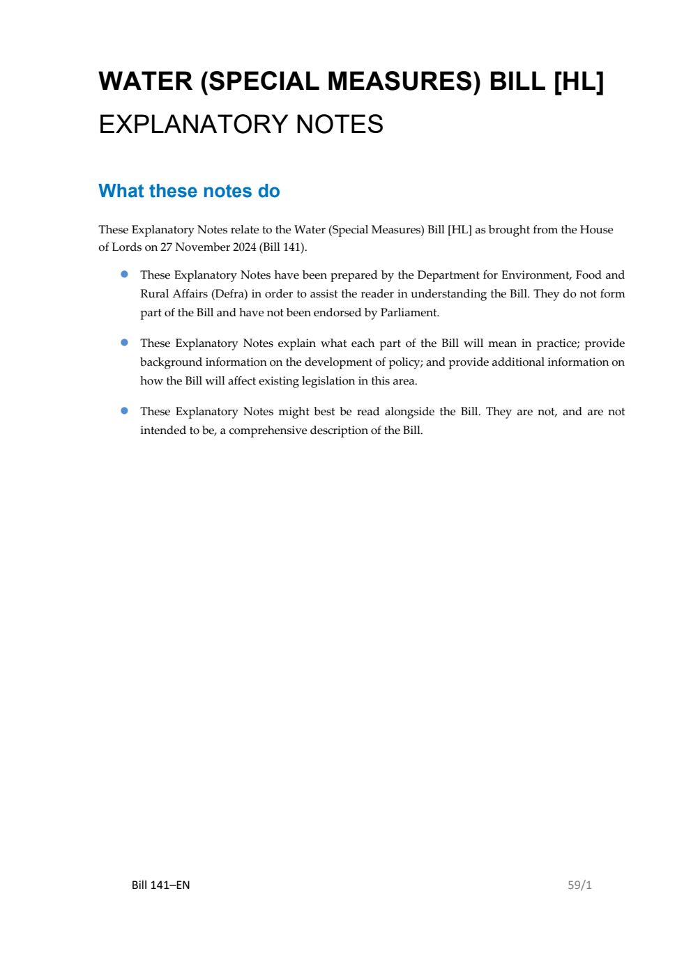 Water (Special Measures) Bill Explanatory Notes