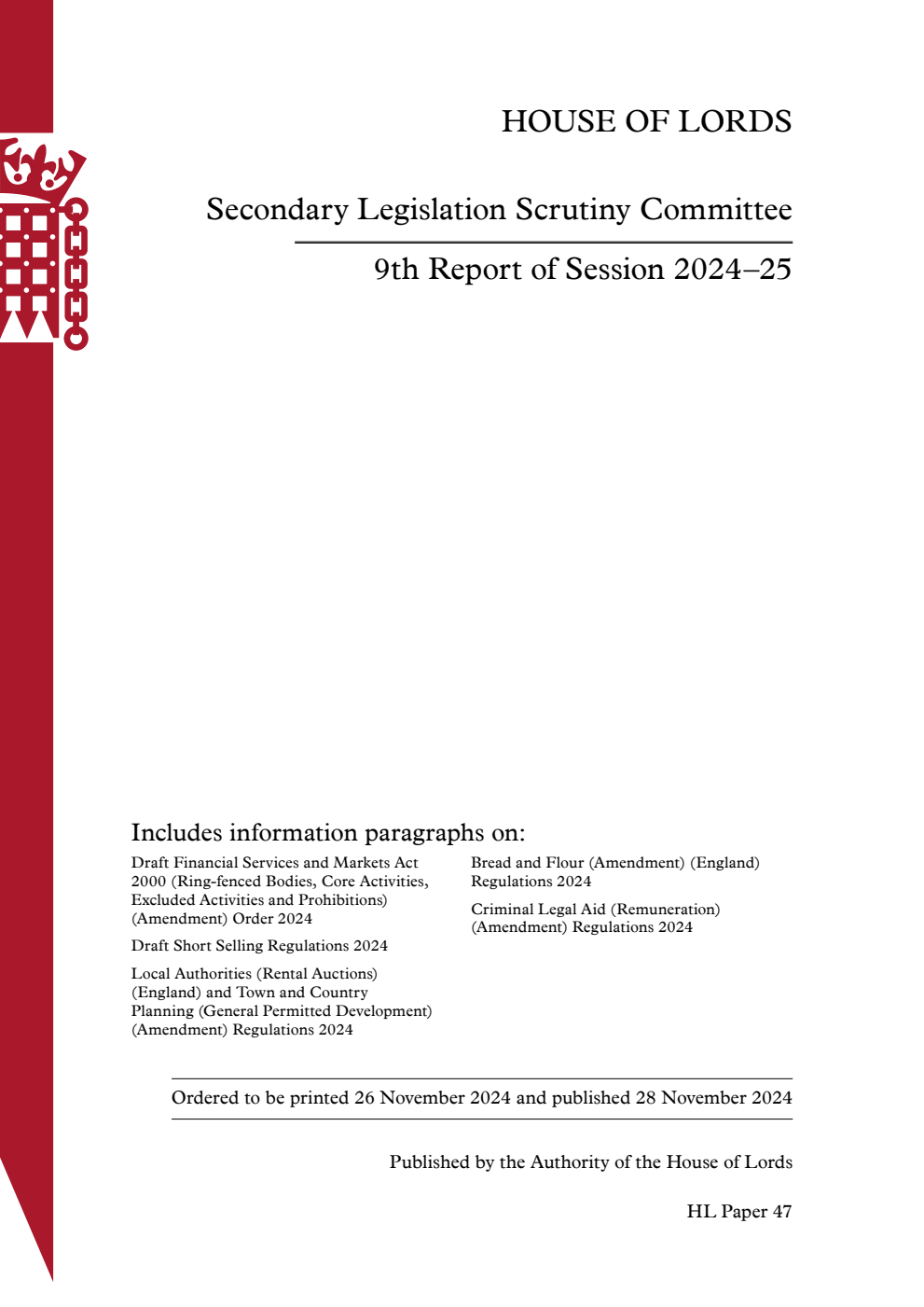 Secondary Legislation Scrutiny Committee 9th Report of Session 2024-25
