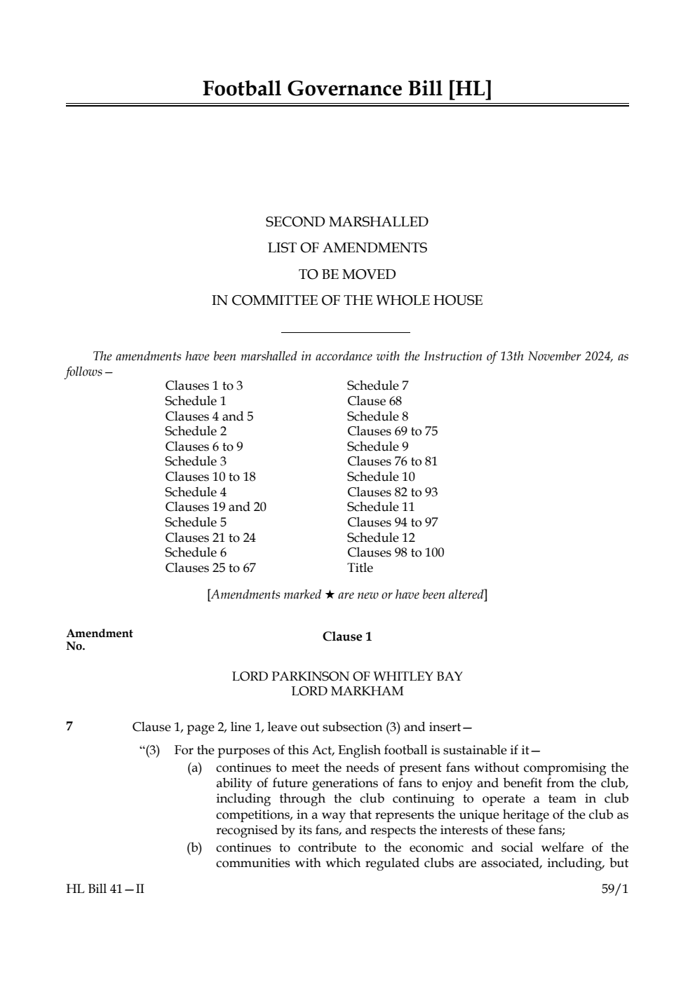 Football Governance Bill Second Marshalled List of amendments to be moved in Committee of the Whole House