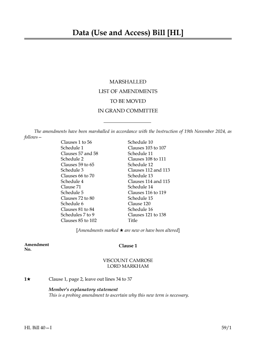 Data (Use and Access) Bill Marshalled List of amendments to be moved in Grand Committee