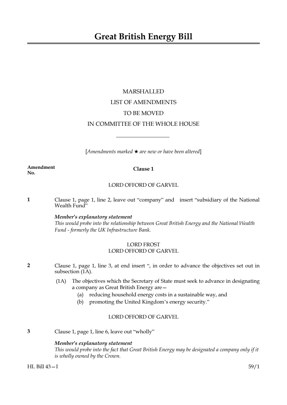 Great British Energy Bill Marshalled List of amendments to be moved in Committee of the Whole House