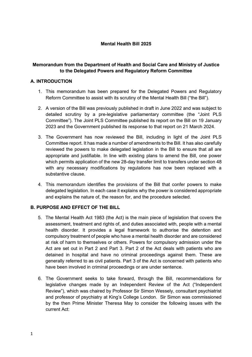 Mental Health Bill Memorandum from the Department of Health and Social Care and Ministry of Justice to the Delegated Powers and Regulatory Reform Committee