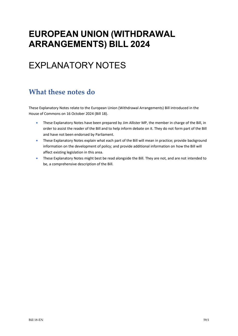 European Union (Withdrawal Arrangements) Bill Explanatory Notes