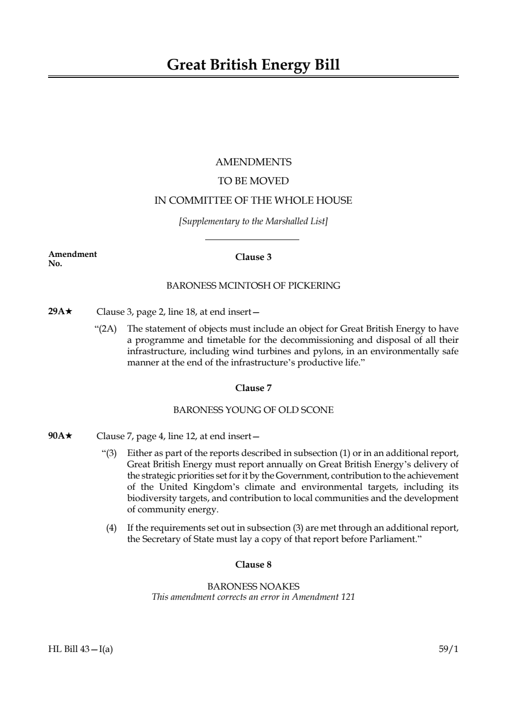 Great British Energy Bill Amendments to be moved in Committee of the Whole House [Supplementary to the Marshalled List]