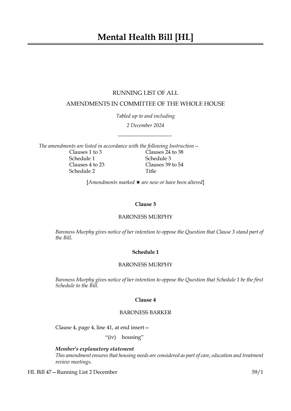 Mental Health Bill Running List of all amendments in Committee of the Whole House tabled up to and including 2 December 2024