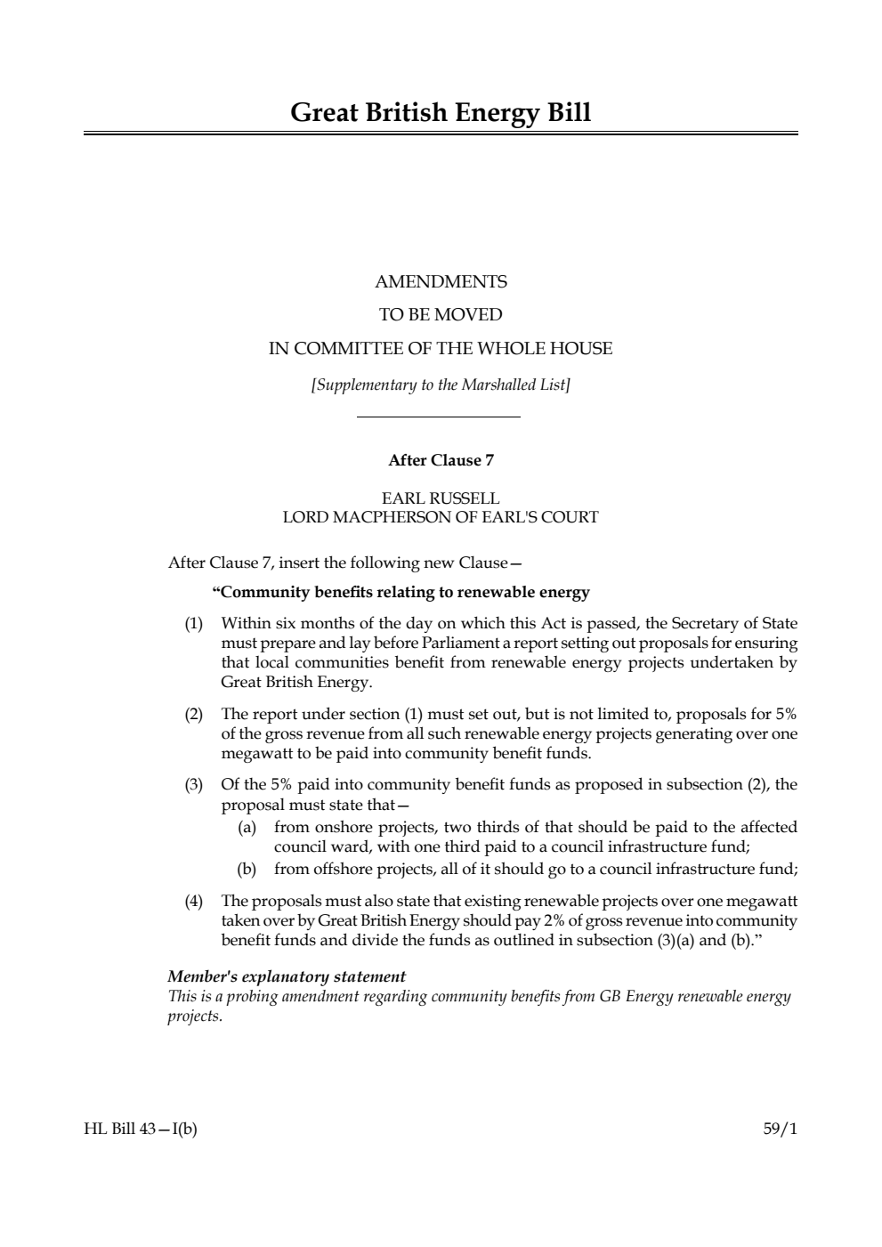 Great British Energy Bill Amendments to be moved in Committee of the Whole House [Supplementary to the Marshalled List]