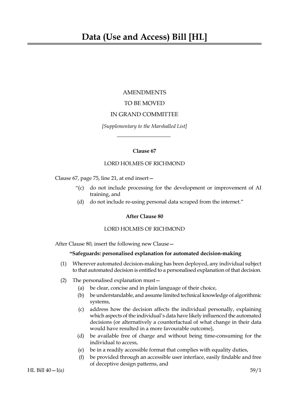 Data (Use and Access) Bill Amendments to be moved in Grand Committee [Supplementary to the Marshalled List]