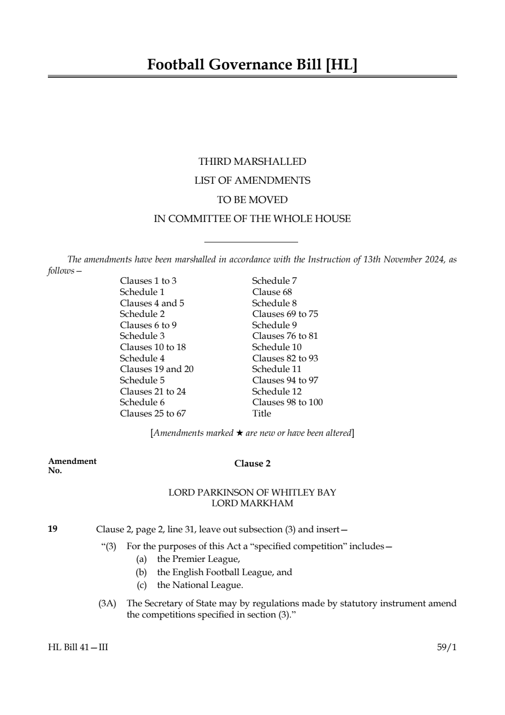 Football Governance Bill Third Marshalled List of amendments to be moved in Committee of the Whole House