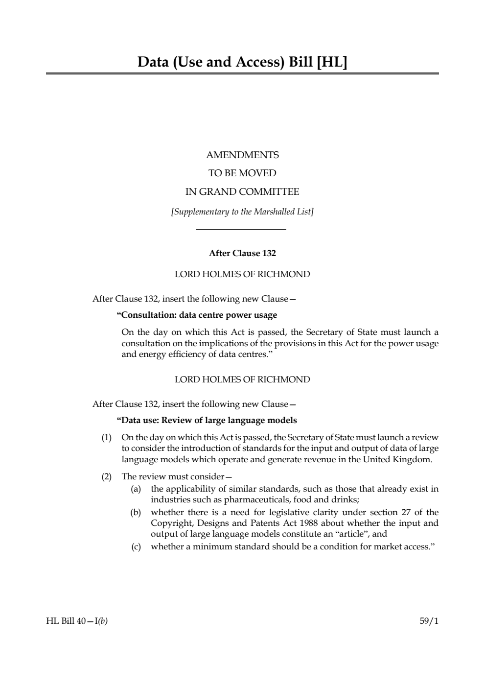 Data (Use and Access) Bill Amendments to be moved in Grand Committee [Supplementary to the Marshalled List]