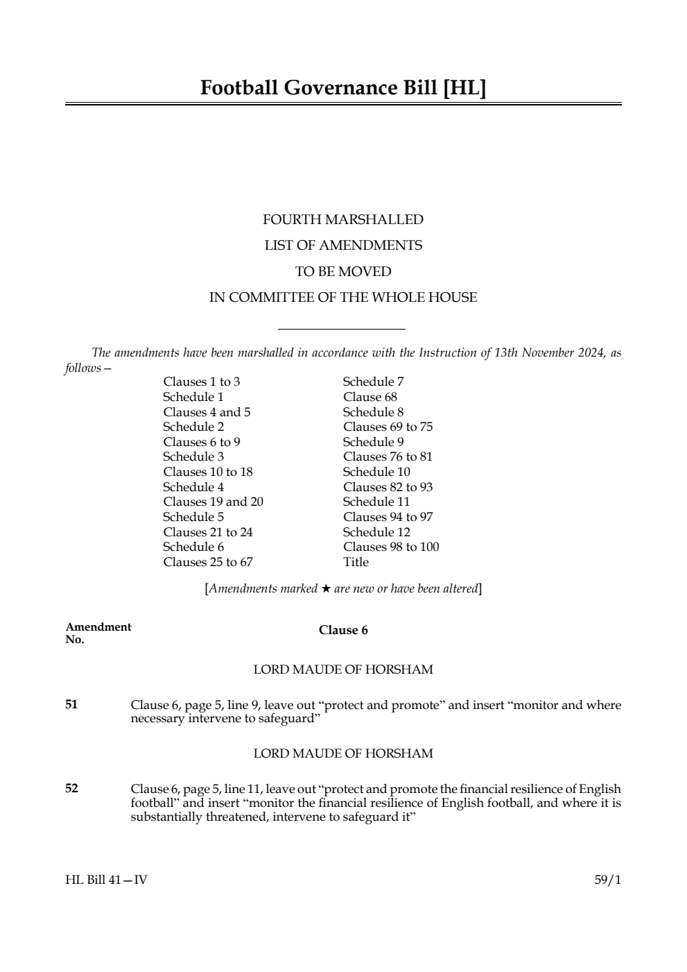Football Governance Bill Fourth Marshalled List of amendments to be moved in Committee of the Whole House