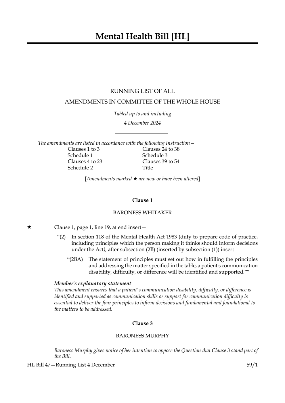 Mental Health Bill Running List of all amendments in Committee of the Whole House tabled up to and including 4 December 2024