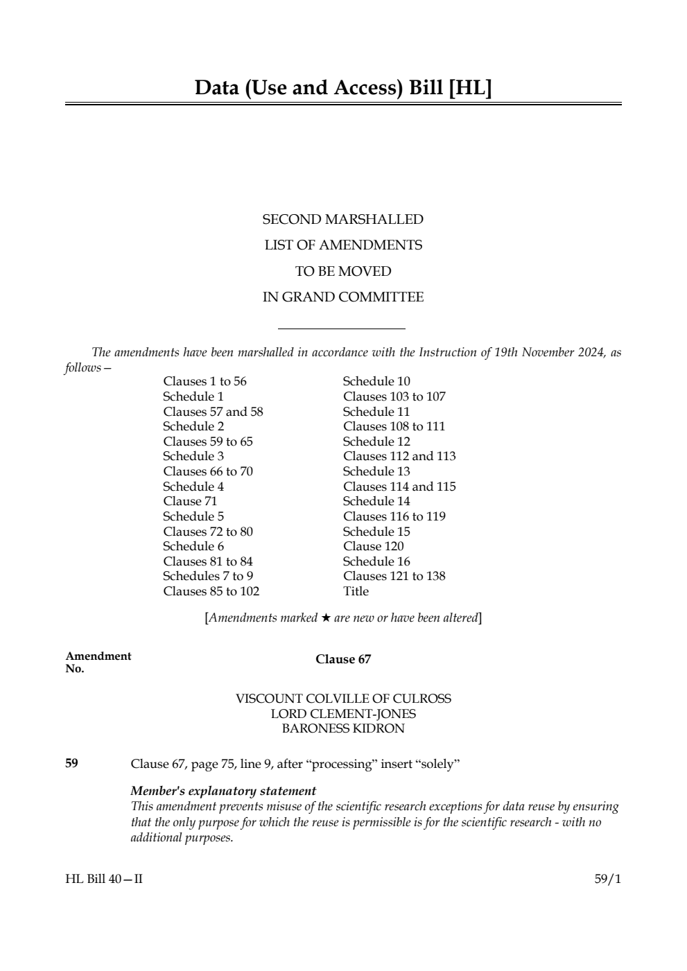 Data (Use and Access) Bill Second Marshalled List of amendments to be moved in Grand Committee