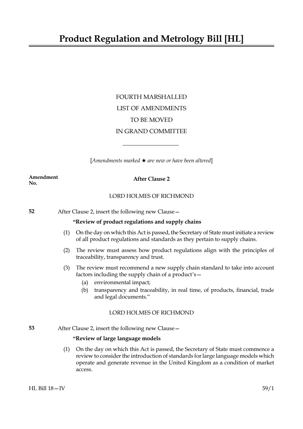Product Regulation and Metrology Bill Fourth Marshalled List of amendments to be moved in Grand Committee